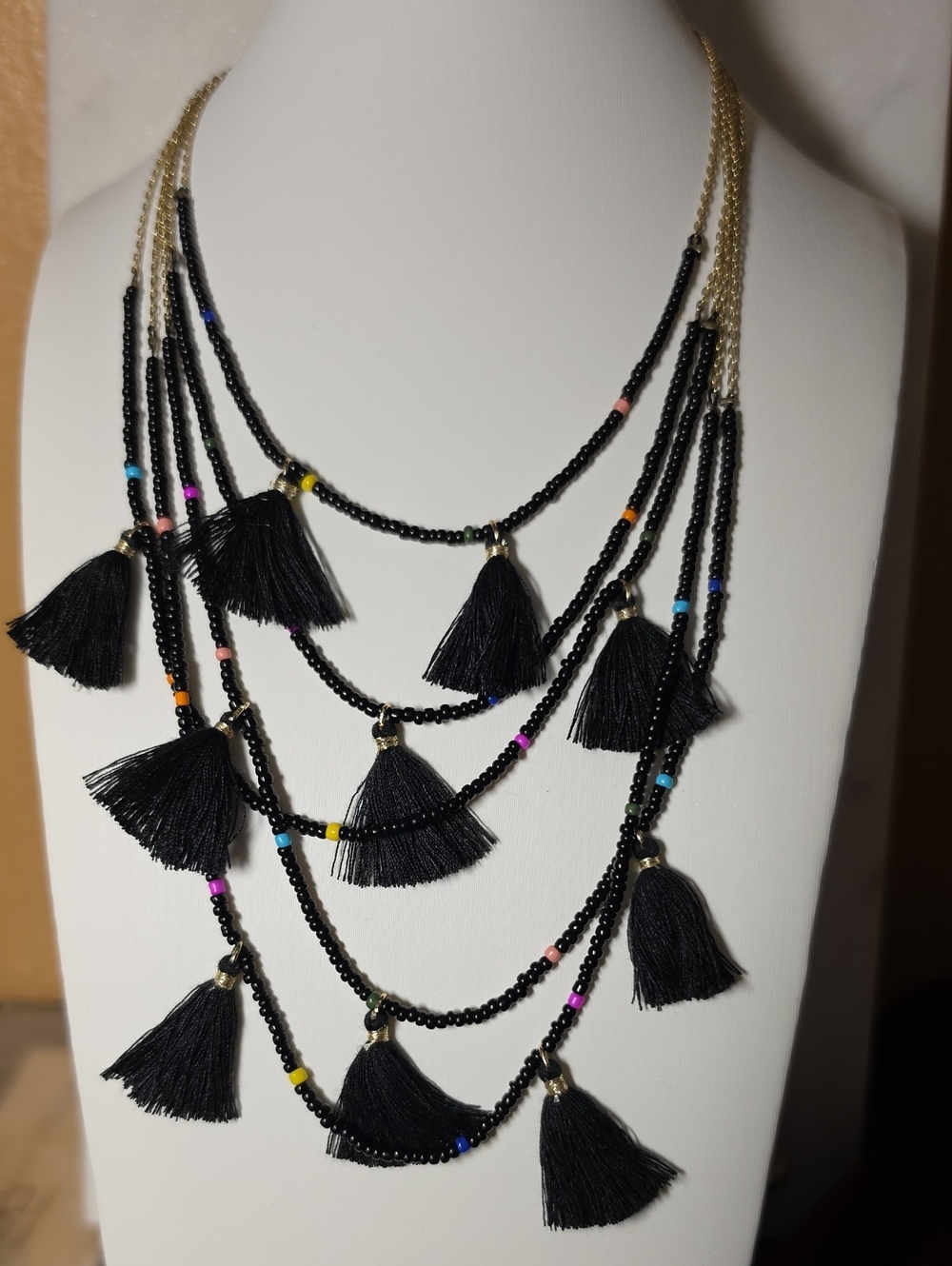 American Eagle Black Tassel Multi-Strand Beaded Necklace- Nwot